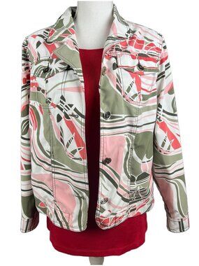 TanJay Womens Abstract Print Button-Up Jacket Size 10 Multicolor Long Sleeve